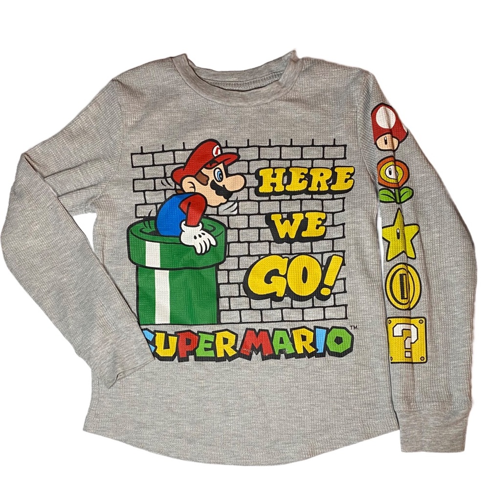 Super Mario Gray and Red Long Sleeve Waffle Tee